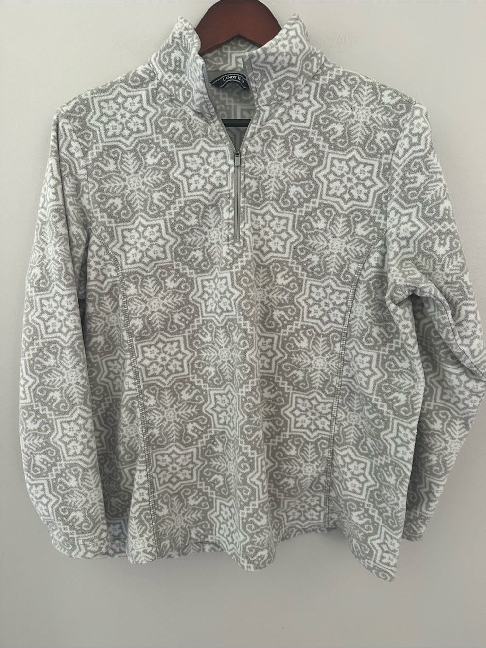 Lands' End Gray & White Snowflake Geometric Quarter-Zip Fleece Pullover